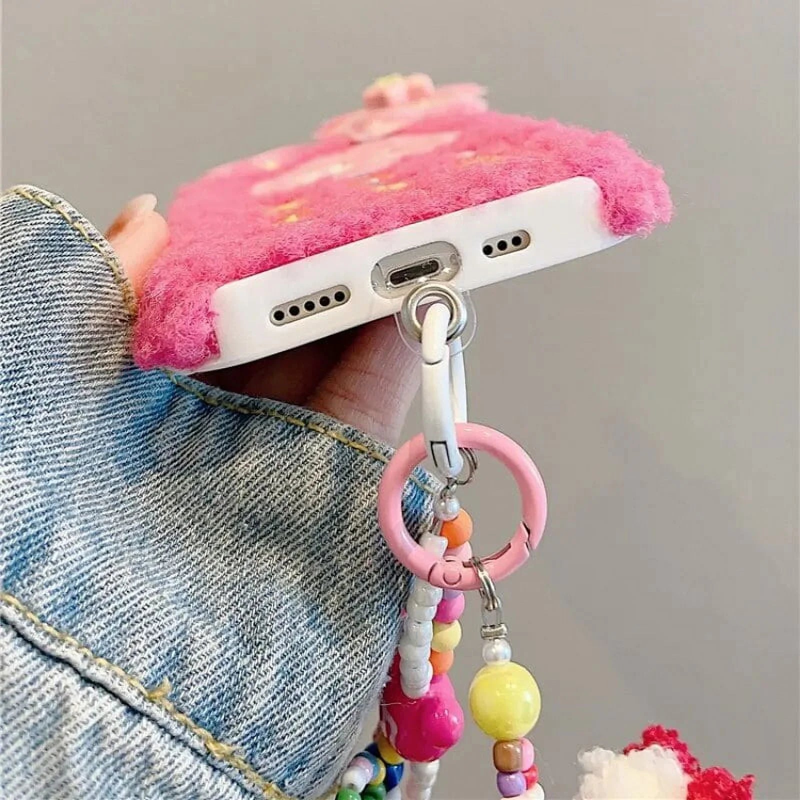 Kawaii Sanrio Hello Kitty Y2K Phone Case with Chain for Iphone 15 14 13 12 11 Pro Max Anime Cartoon Soft Plush Pink Back Cover