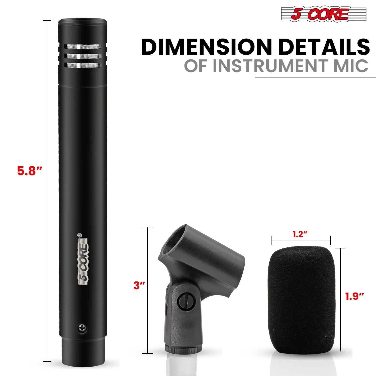 5Core Instrument Microphone Professional XLR Cardioid Pencil Stick Condenser Mic Black