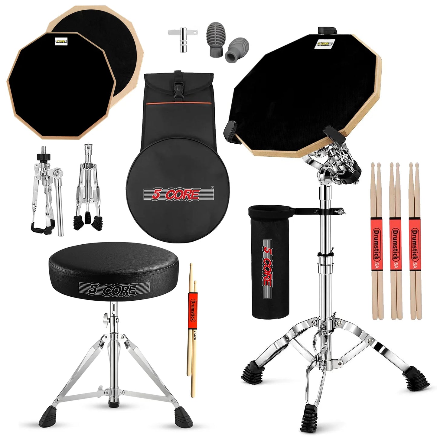 5Core Drum Throne Adjustable Guitar Stool Padded Seat + Drum Practice Pad Snare Drumming Stand