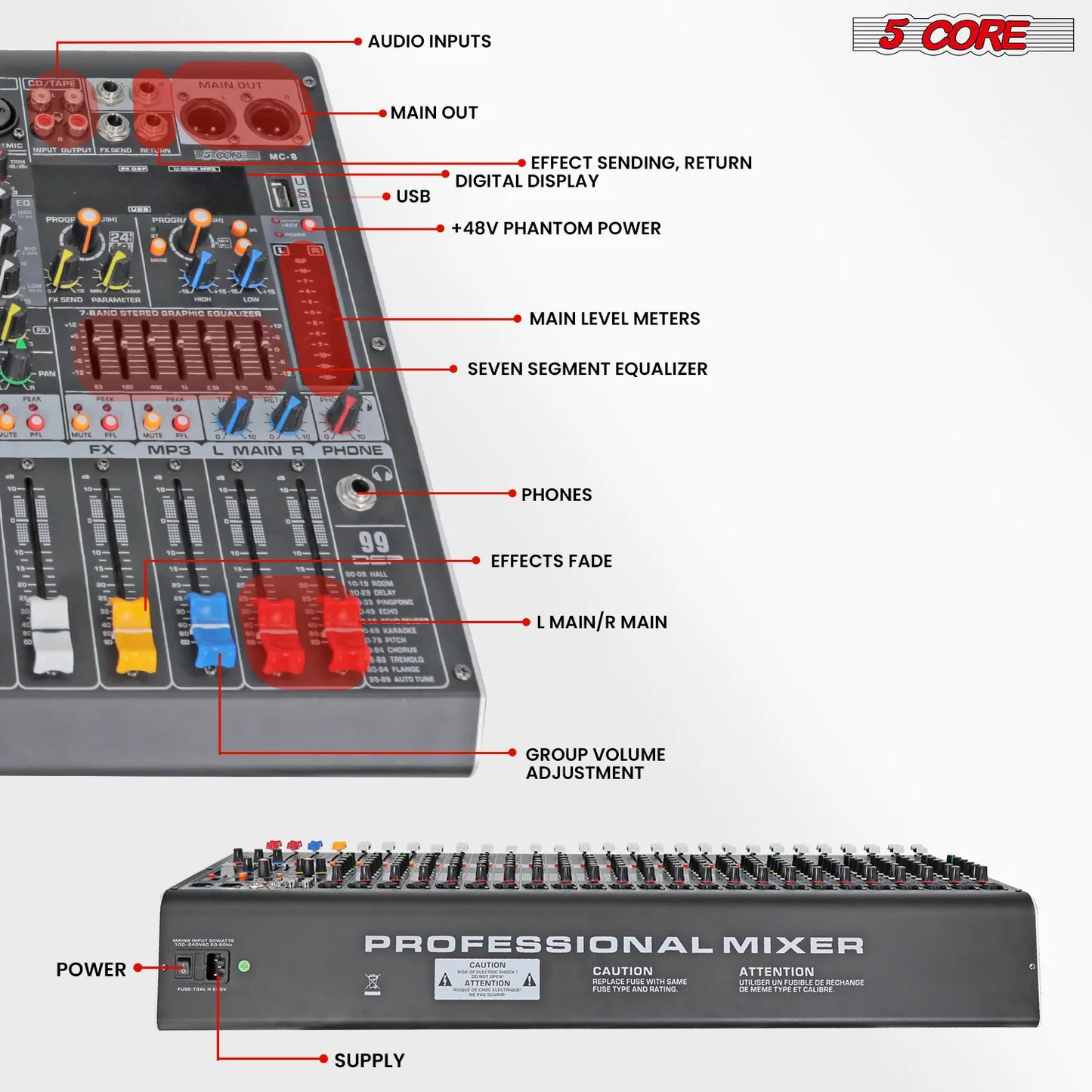 5 Core Audio Mixer 8 Channel DJ Equipment with Bluetooth USB Console Sound Board