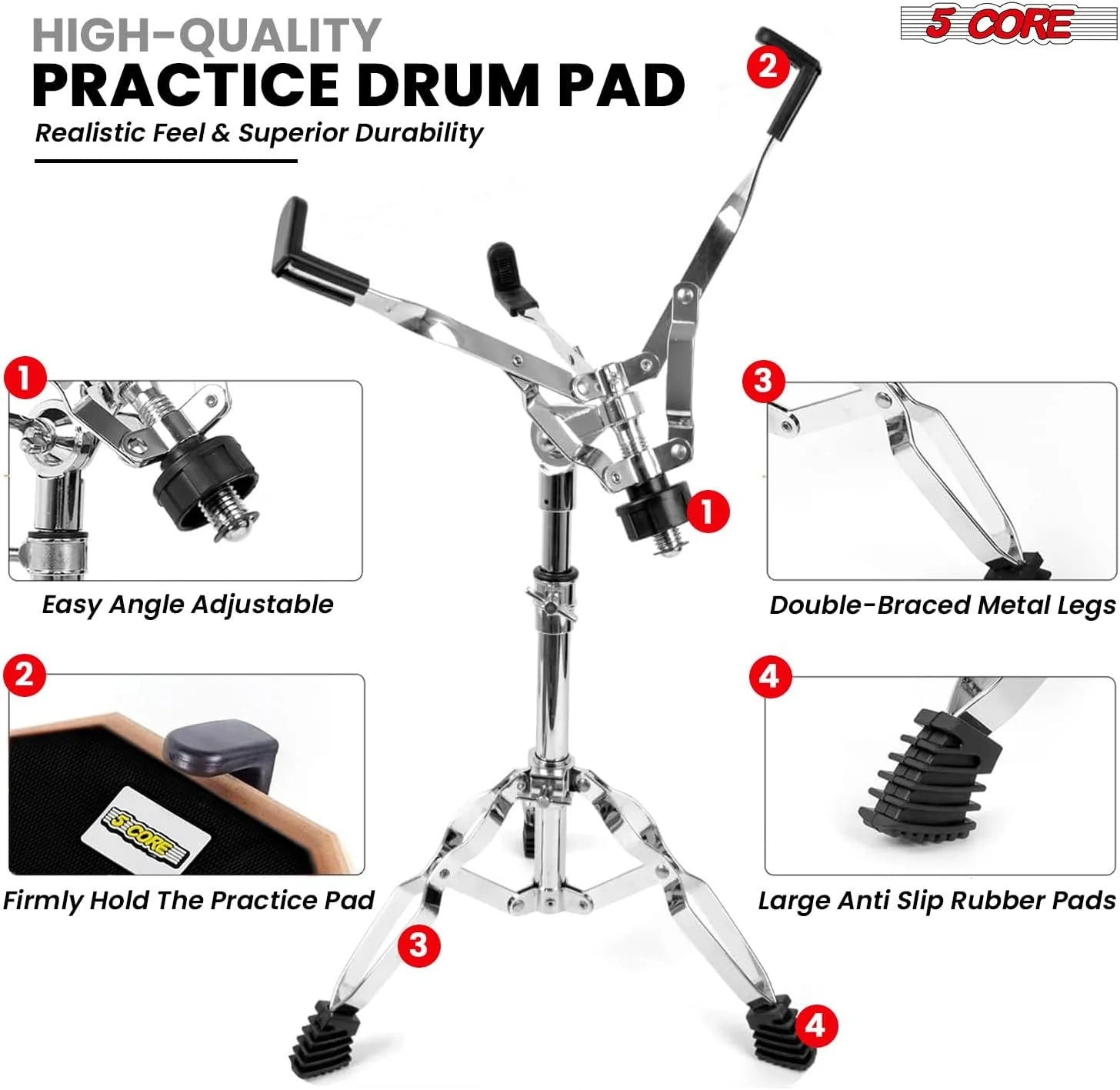 5Core Drum Throne Adjustable Guitar Stool Padded Seat + Drum Practice Pad Snare Drumming Stand