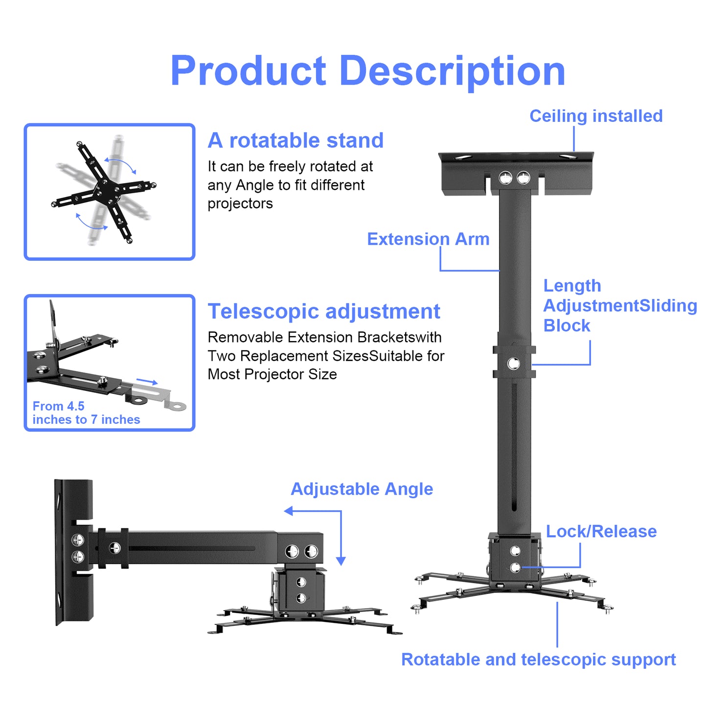 Projector Mount, Universal Projector Ceiling/Wall Mount Black with Extendable Arms, Adjustable Height, Projector Holder/Bracket/Hanger Low Profile (Black)