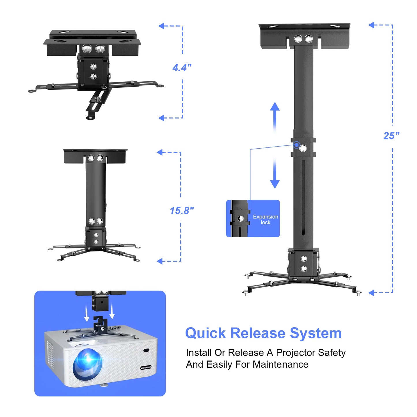 Projector Mount, Universal Projector Ceiling/Wall Mount Black with Extendable Arms, Adjustable Height, Projector Holder/Bracket/Hanger Low Profile (Black)