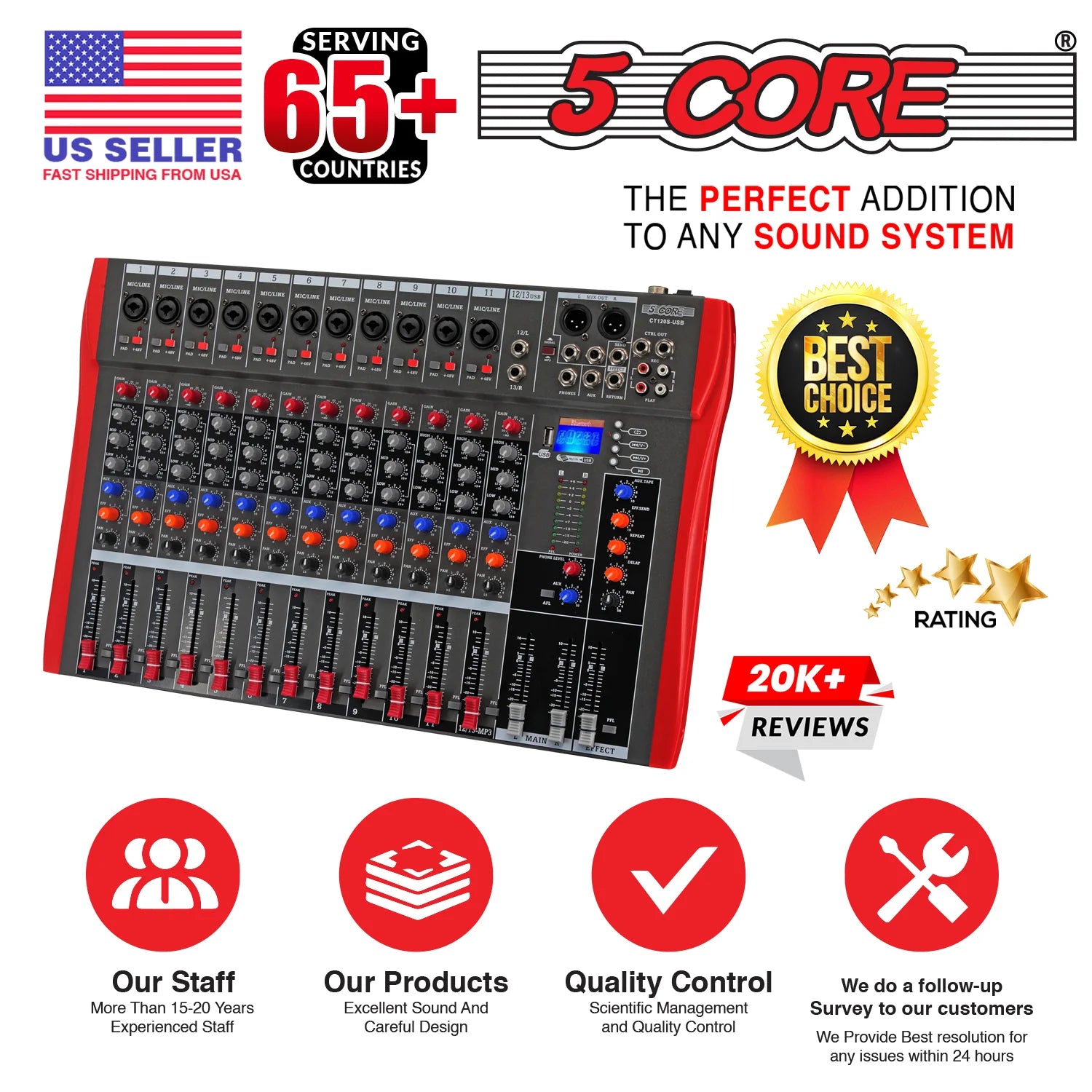 5 Core Audio Mixer 12 Channel DJ Equipment with Bluetooth USB Sound Board Console