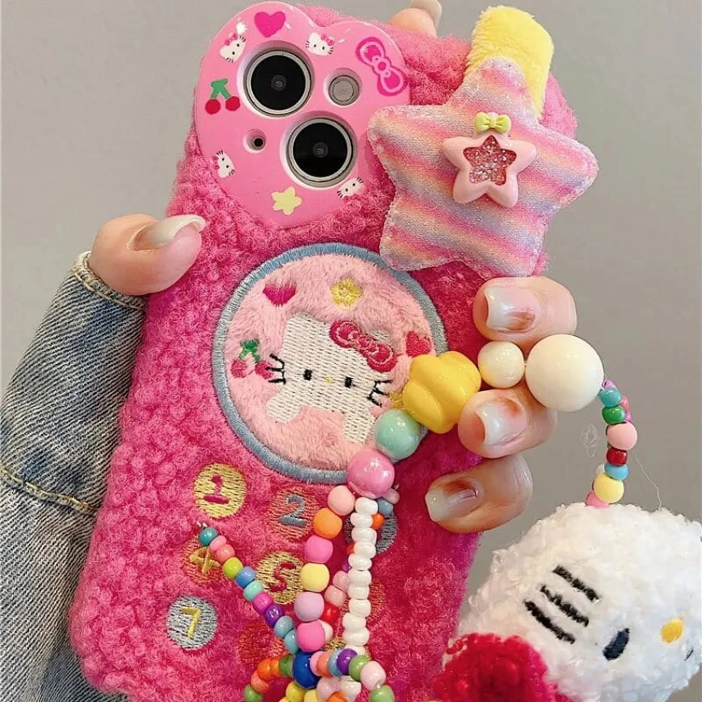 Kawaii Sanrio Hello Kitty Y2K Phone Case with Chain for Iphone 15 14 13 12 11 Pro Max Anime Cartoon Soft Plush Pink Back Cover