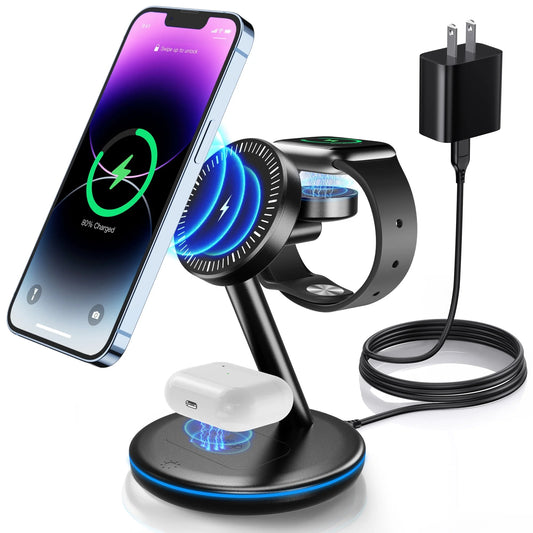 18W Magsafe Wireless Charger Docking Station for Iphone 15/14/13/12 Airpods Iwatch Ultra/8/7/Se/6/5/4/3/2 Wireless Charger Station Black