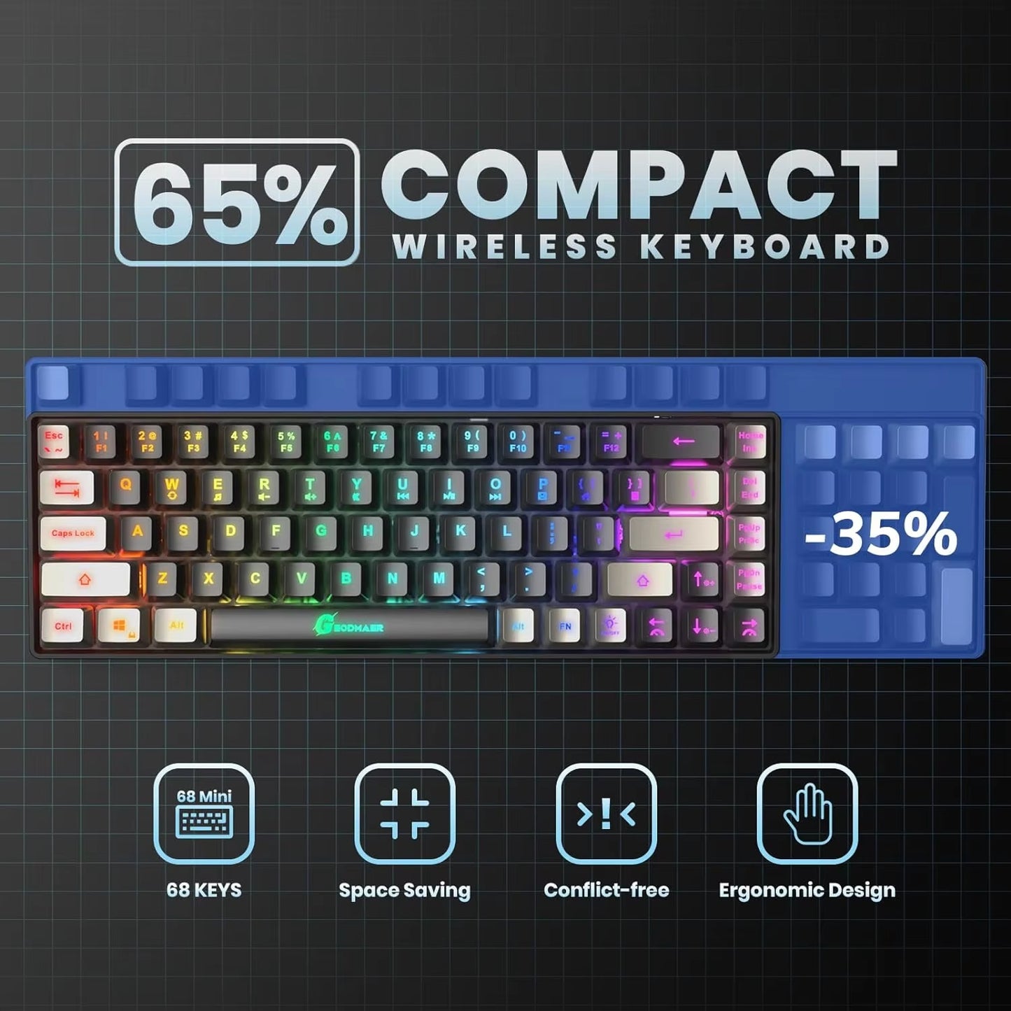 Wireless Gaming Keyboard Rechargeable Backlit Gaming Keyboard 68 Keys Anti-Ghosting No-Conflict 2.4G Keyboard for PC