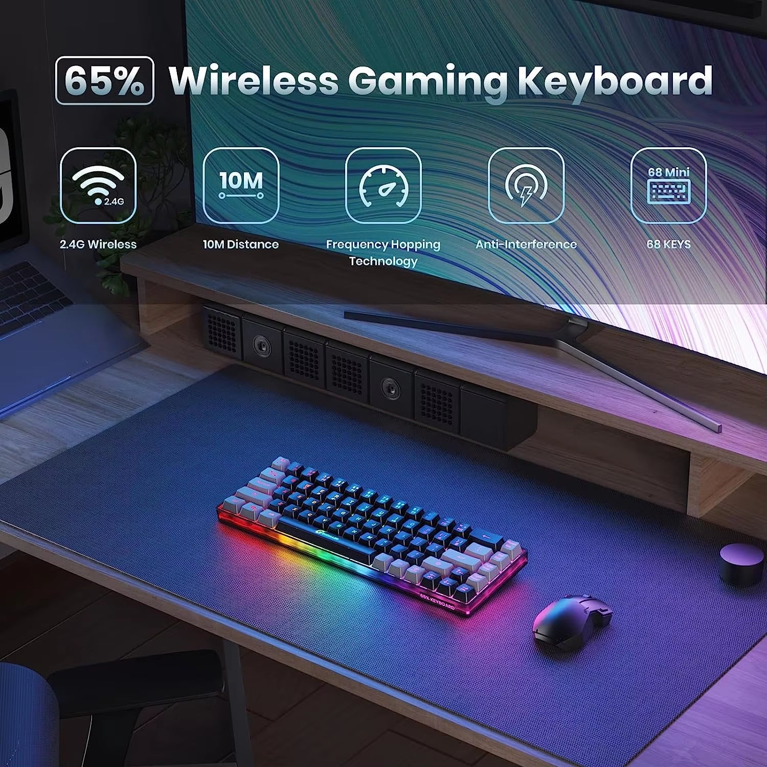 Wireless Gaming Keyboard Rechargeable Backlit Gaming Keyboard 68 Keys Anti-Ghosting No-Conflict 2.4G Keyboard for PC