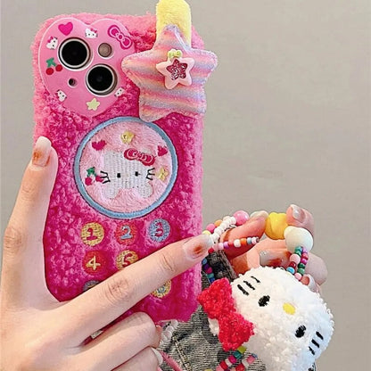 Kawaii Sanrio Hello Kitty Y2K Phone Case with Chain for Iphone 15 14 13 12 11 Pro Max Anime Cartoon Soft Plush Pink Back Cover