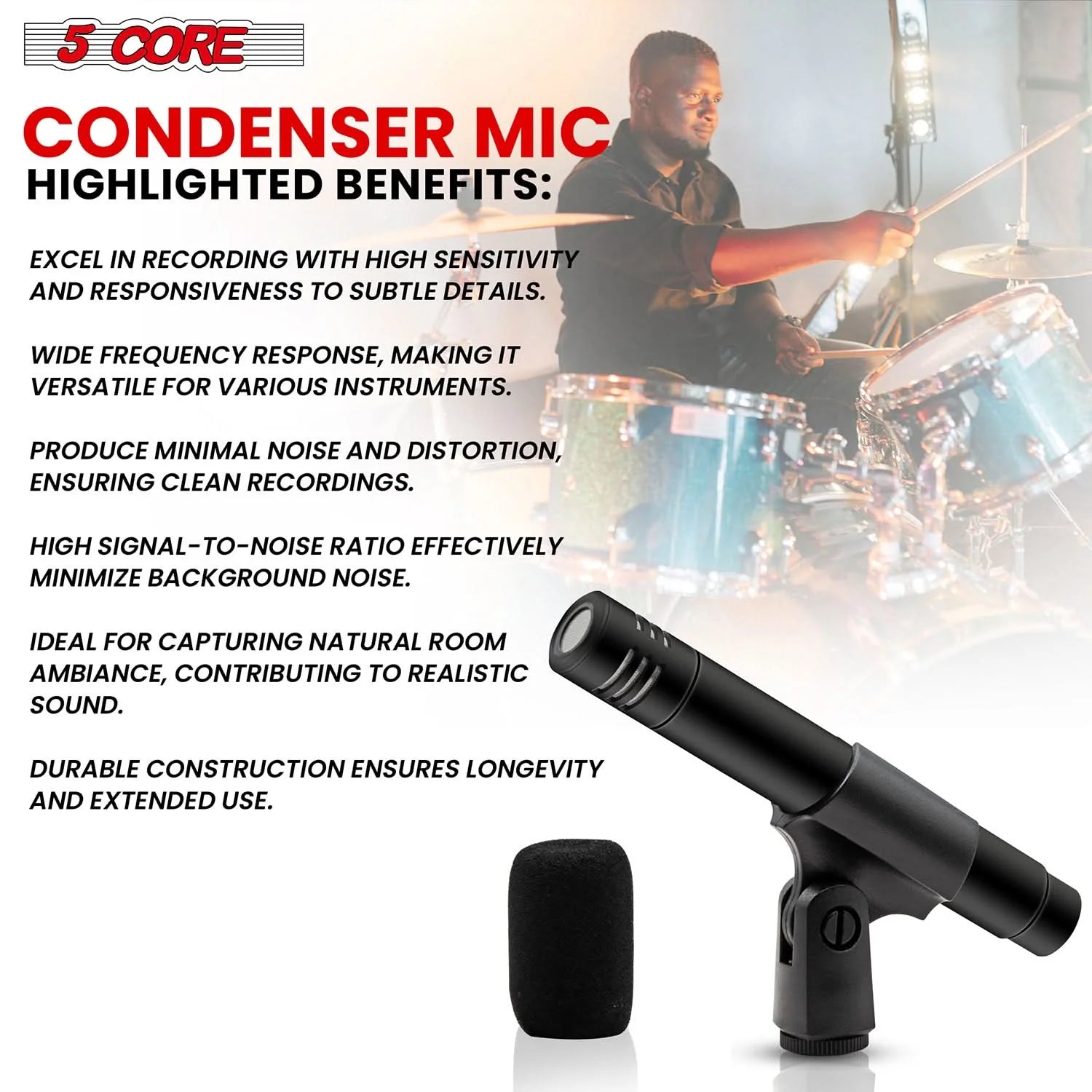 5Core Instrument Microphone Professional XLR Cardioid Pencil Stick Condenser Mic Black