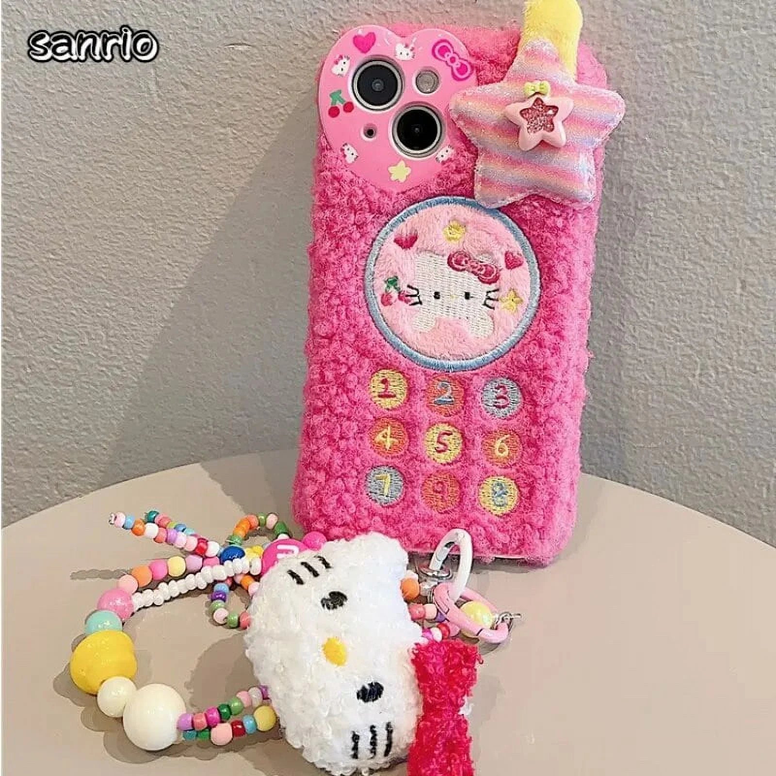 Kawaii Sanrio Hello Kitty Y2K Phone Case with Chain for Iphone 15 14 13 12 11 Pro Max Anime Cartoon Soft Plush Pink Back Cover