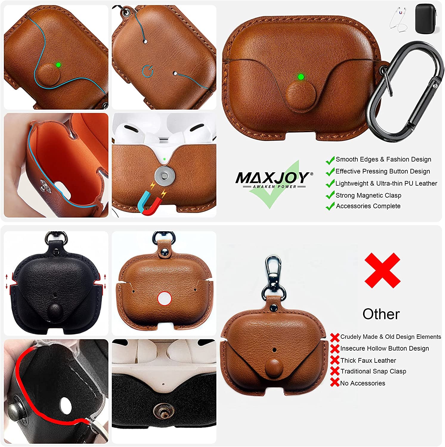 Leather Case for Airpods Pro 2, Compatible with Apple Airpods Pro 2Nd Generation 2023/2022 & 2019, Front LED Visible, Brown