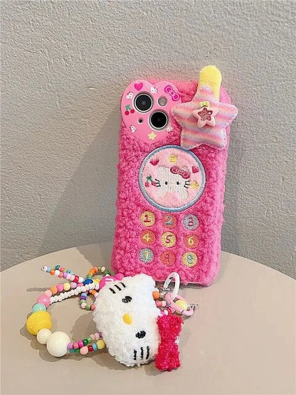 Kawaii Sanrio Hello Kitty Y2K Phone Case with Chain for Iphone 15 14 13 12 11 Pro Max Anime Cartoon Soft Plush Pink Back Cover